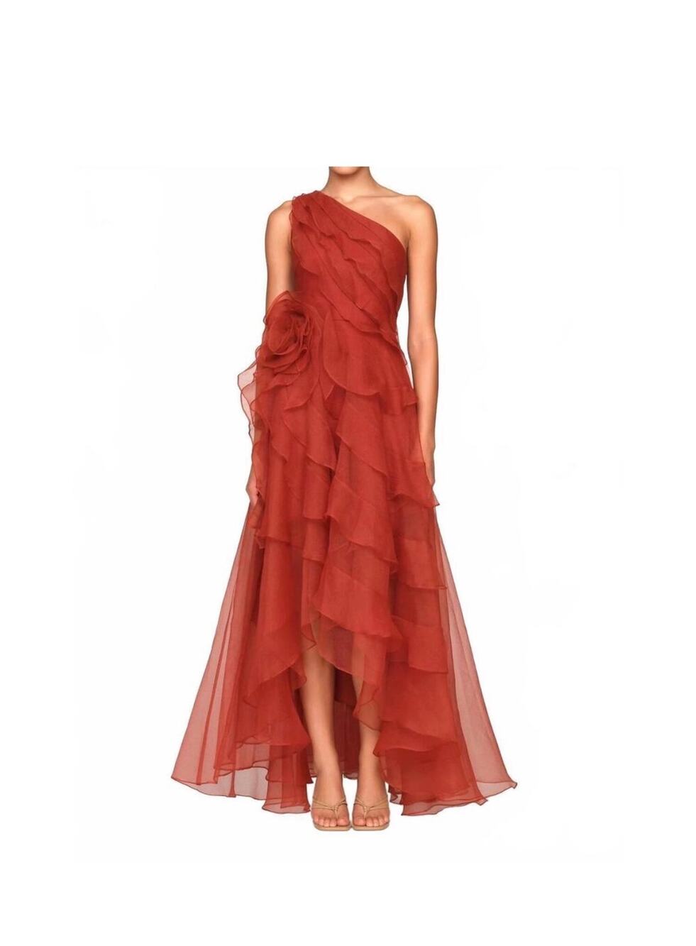 NWT THEIA 6 Daniella Tiered Ruffle One Shoulder Gown in Terracotta